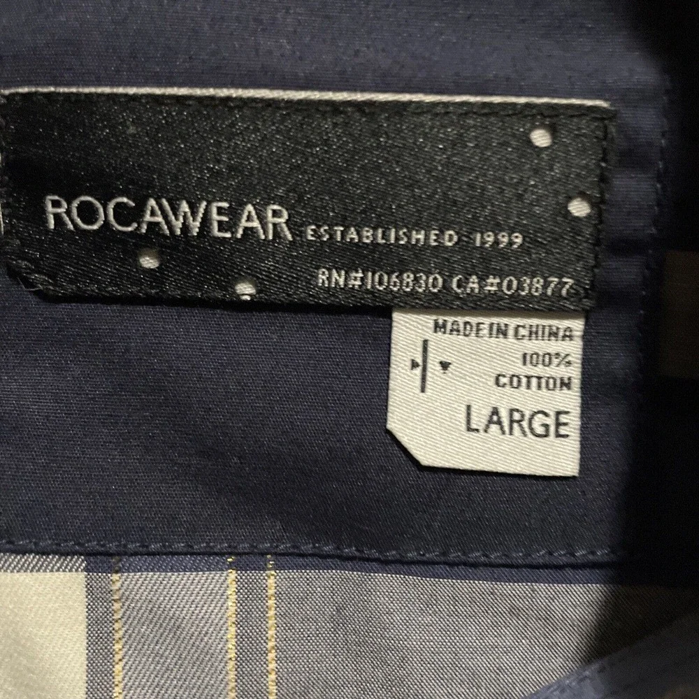 RocaWear Classic Shirt Mens Lg Blue Red Plaid Gold Stitching Button Long Sleeve‎